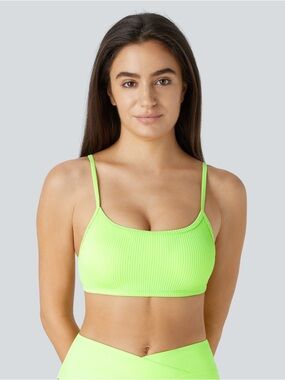 Halara Ribbed Bikini Top Only Neon Green Medium Built-In Bra Adjustable Straps